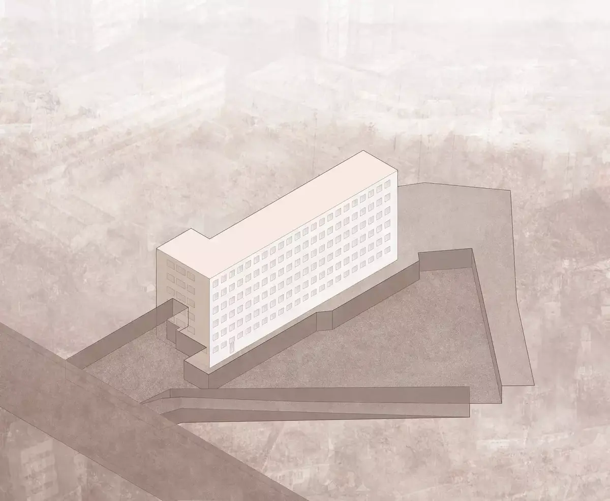 Axonometría de hotel en Lugo, con acceso rodado y peatonal, diseñado por estudio de arquitectura SEA.