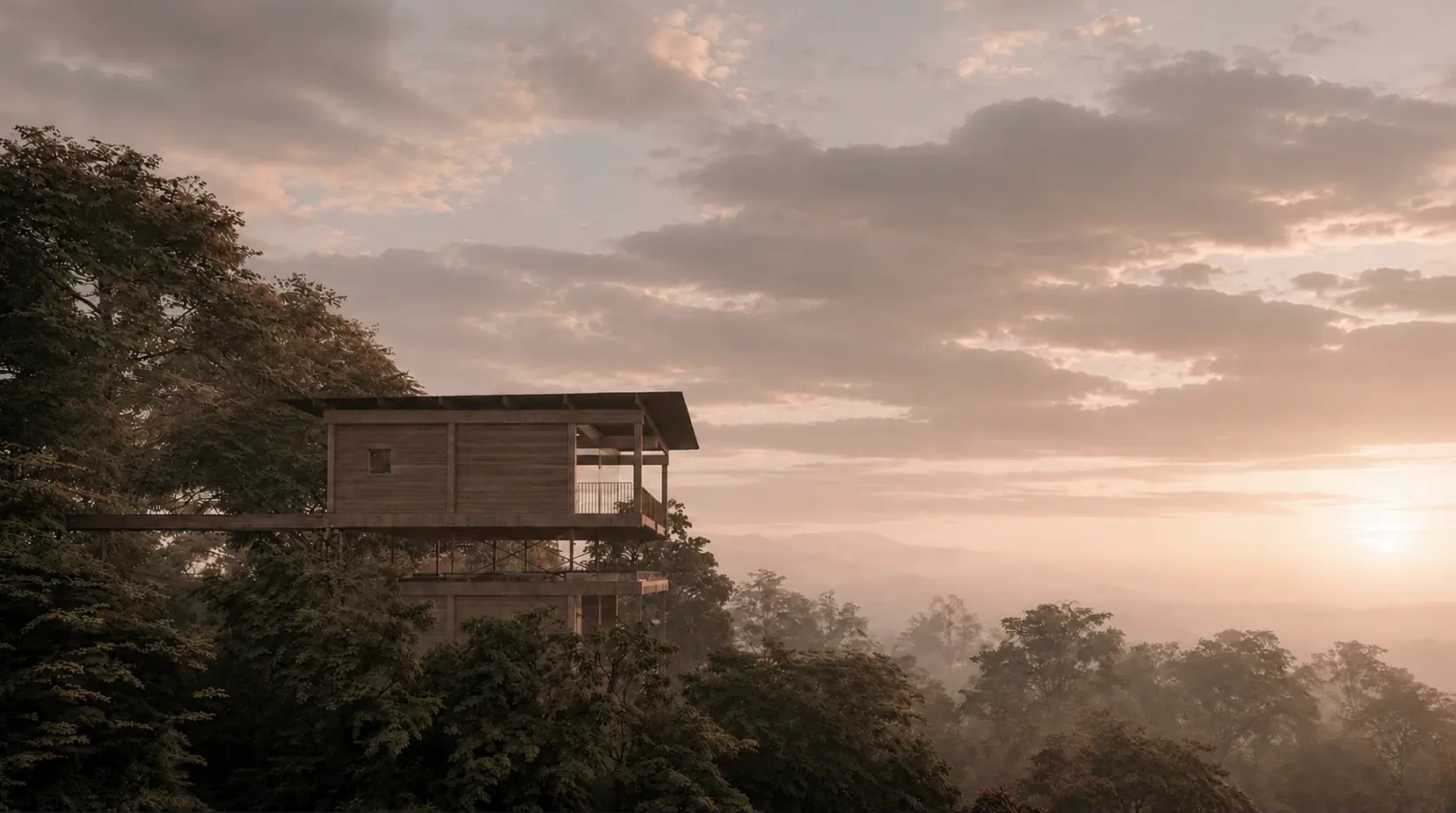 Exterior façade of a contemporary timber cabin above the treetops, designed by SEA Arquitectos.