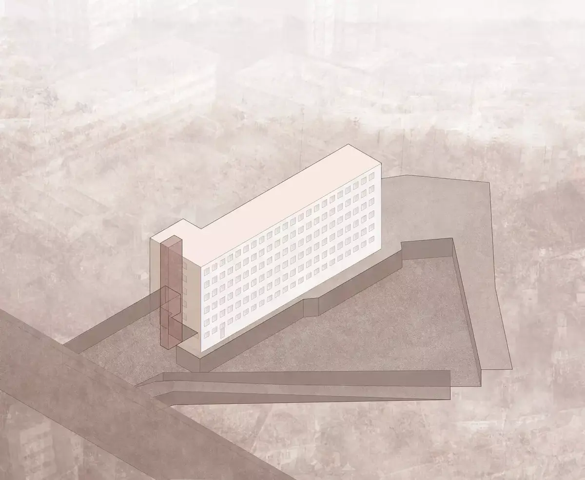Axonometría de hotel en Lugo, con añadido de ascensor, diseñado por estudio de arquitectura SEA.