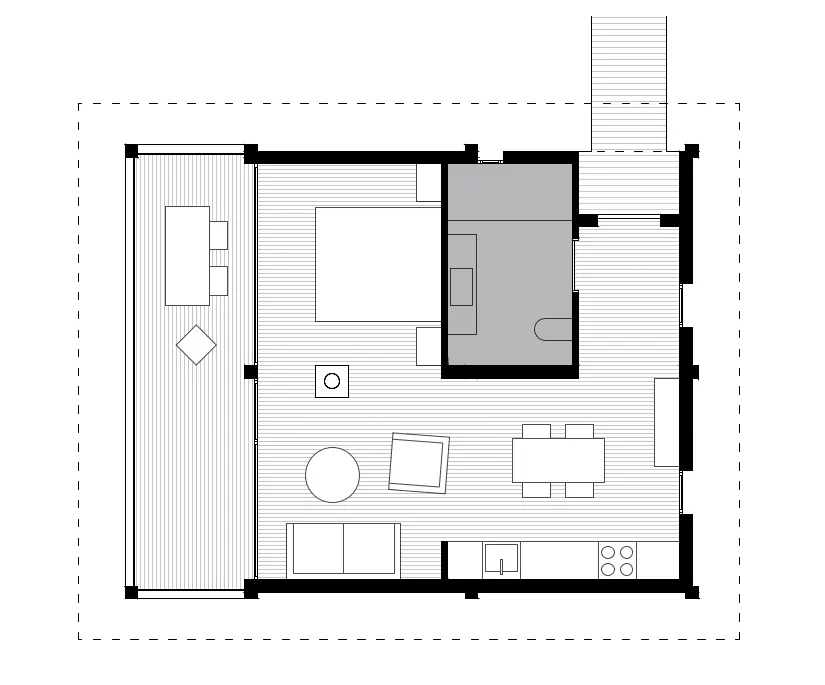 Plano de planta que mostra as zonas de día e noite integradas no volume, deseñado por SEA Arquitectos.