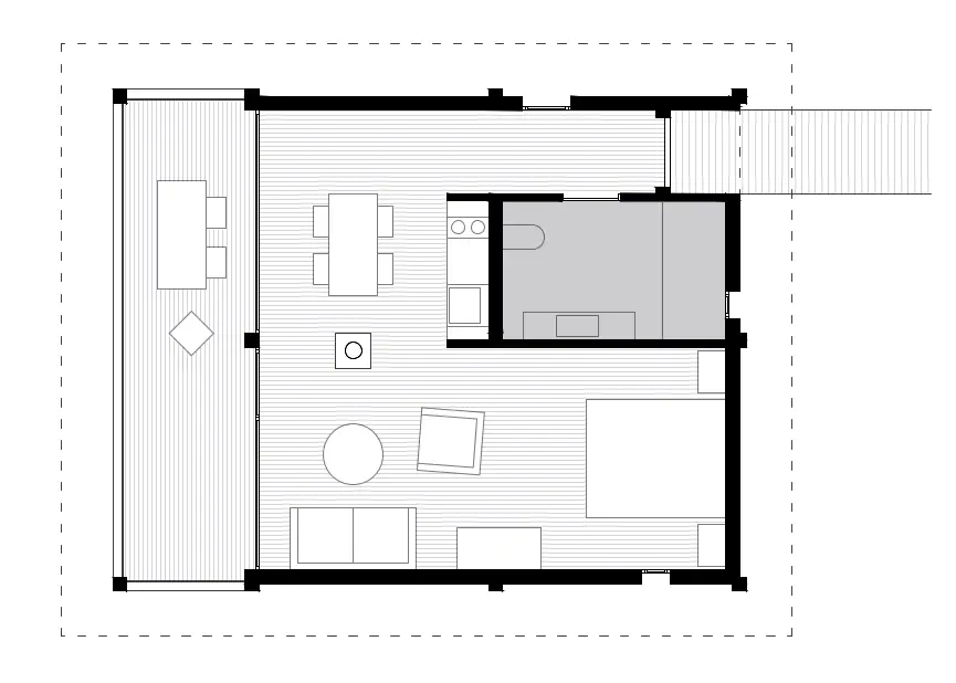 Plano de planta detallado do modelo de distribución interior dun refuxio, deseñado por SEA Arquitectos.