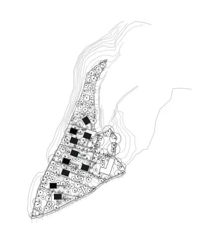 Plano de la futura ampliación del proyecto con el conjunto total de 17 cabañas, por arquitecto en A Coruña.