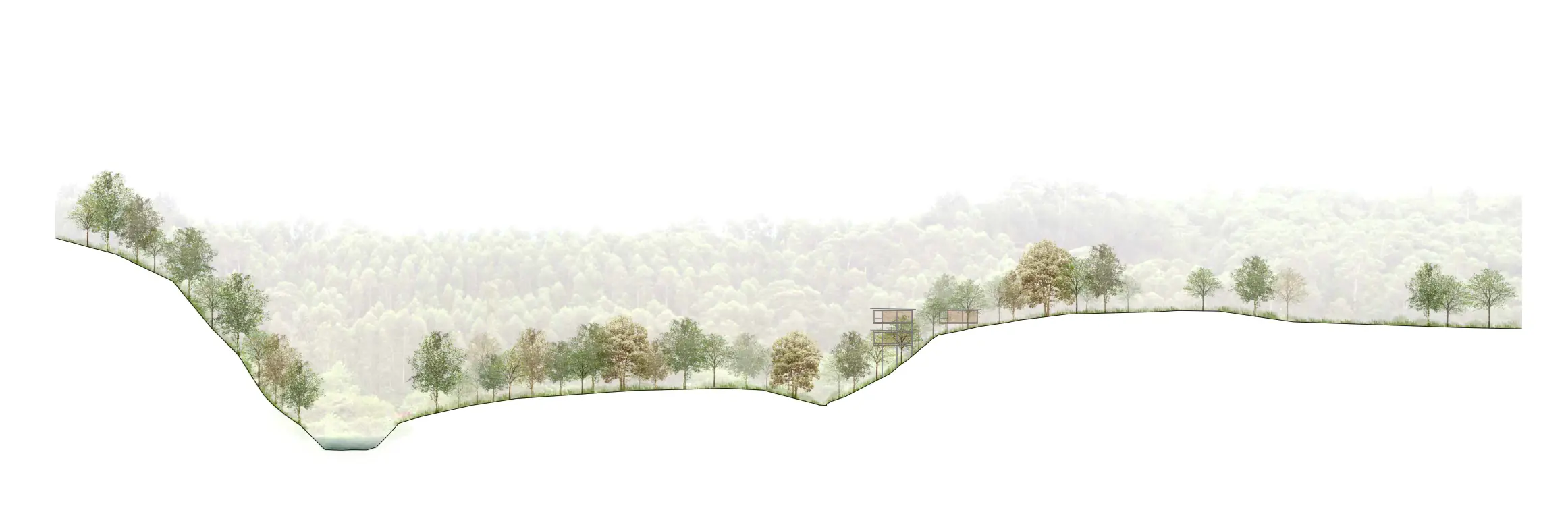 Sección longitudinal del terreno mostrando la inserción de las cabañas en la ladera, por arquitecto en A Coruña.