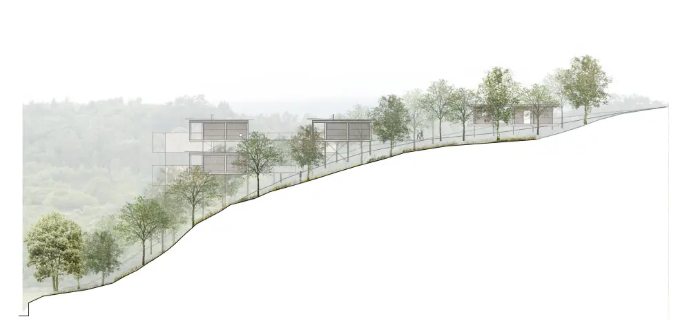 Sección de las cabañas dobles y su sistema de soporte en la topografía, por estudio de arquitectura SEA.