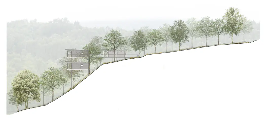 Sección arquitectónica del módulo flotante y su pasarela de acceso bioclimática, diseñado por SEA arquitectos.